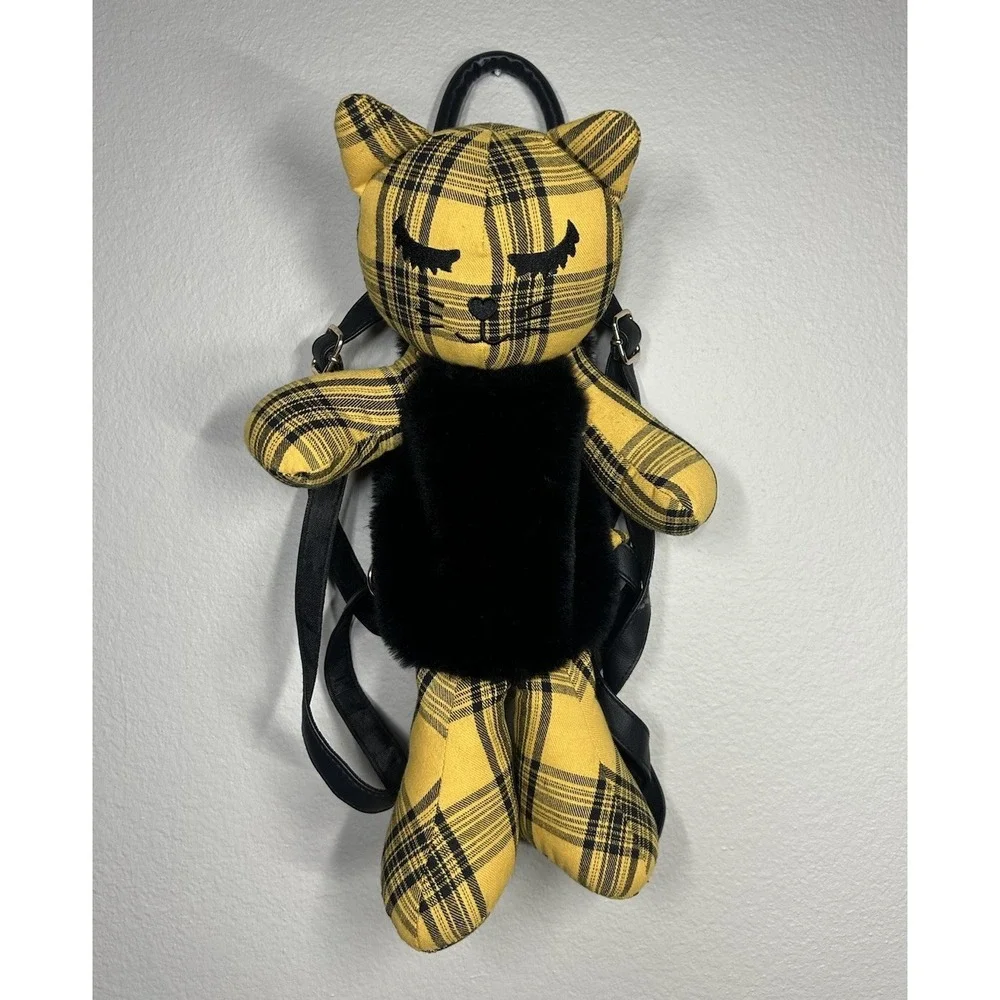 Betsy Johnson Luv Betsy Yellow Cat Plush Backpack Medium Plaid Preppy Y2K Trend
